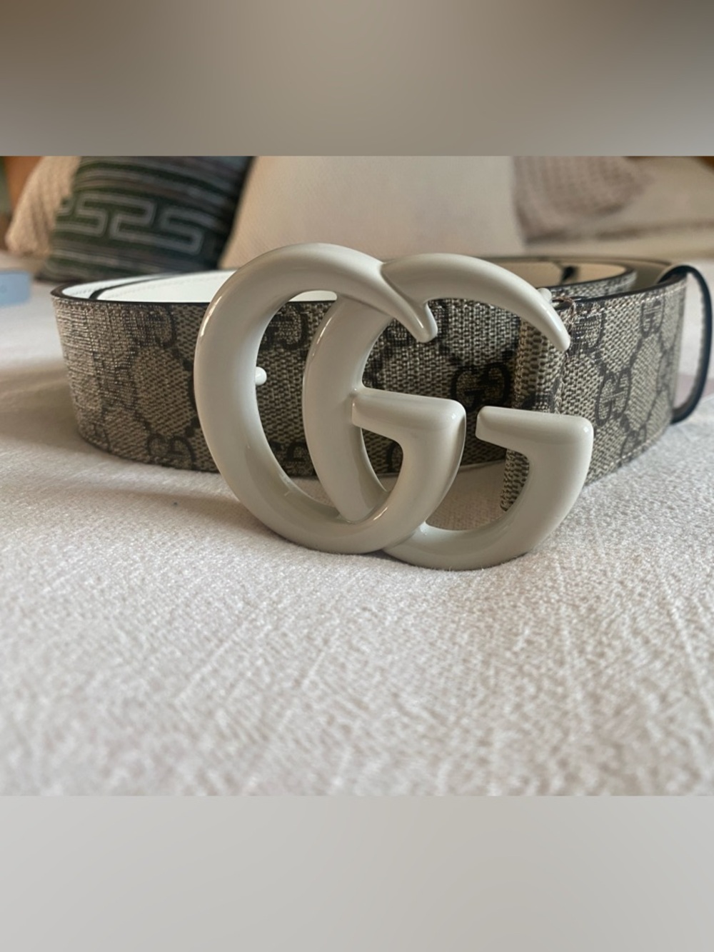 Gucci Beige Monogram GG Buckle Belt with White Buckle